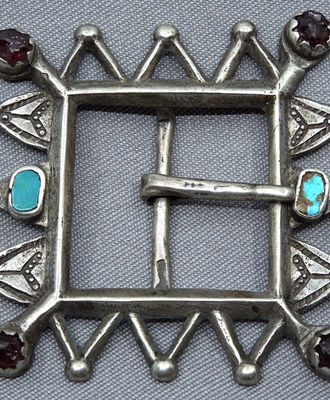 1890's Sand Cast Silver Buckle Set with Turquoise & Garnet Crystals, Jewelry by  Navajo