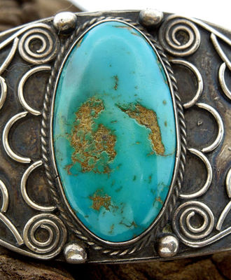 1920's-1930's Wide Silver and Turquoise Cuff, Jewelry by Artist Unknown
