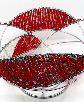Red, Blue Glass Beaded Bowl with White Panels, Beadwork by  Zimbabwe