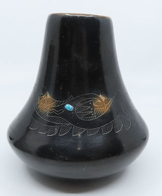Tall Neck Jar Two Tone Avanyu Design, Pottery by Barbara Gonzales