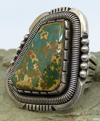 Natural Deep Blue Green Turquoise Ring with Golden Matrix, Jewelry by Will (Wilbert) Vandever