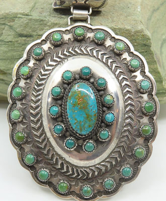 Sterling Concho Pendant set with Natural Green Nevada Turquoise, Jewelry by Lawrence F. Archuleta