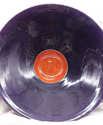 16" Diameter Deep Purple Bowl with Electric Red Center, Pottery by Artist Unknown