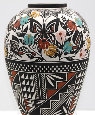 Tall Butterfly Decorated Pottery Vase, Pottery by Emil Chino