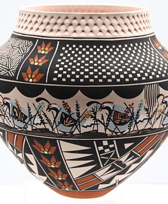 Large Polychrome Quail Jar, Pottery by Emil Chino