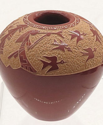 Polished Redware Jar with Intricate Sgraffito, Pottery by  Goldenrod