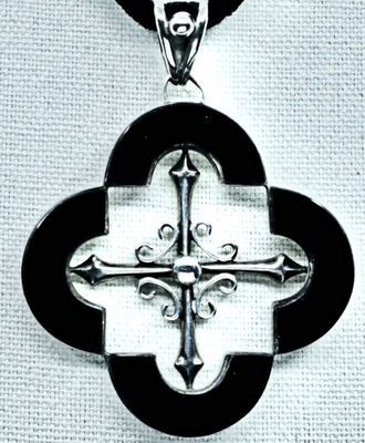 Silver and Onyx Cruciform Pendant on Silver -Tipped Velvet Cord, Jewelry by Antonio Pineda