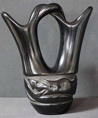 Double Spouted Blackware Jar with Braided Handle, Pottery by Florence Browning