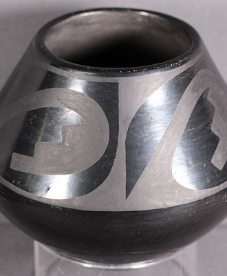Polished & Painted Blackware Jar Stylized Wing, Pottery by Marie & Julian Martinez