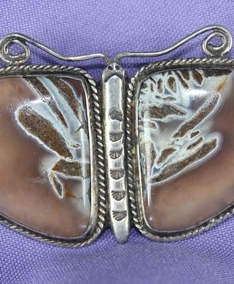 Agate and Silver Moth Pin, Jewelry by  Navajo