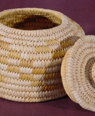 Bleached & Natural Closed Coil Lidded Basketry Jar, Baskets by Tohono O'odham