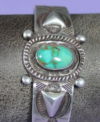 Magnificent Pyramidal Repousee on Turquoise & Silver Cuff, Jewelry by  Navajo
