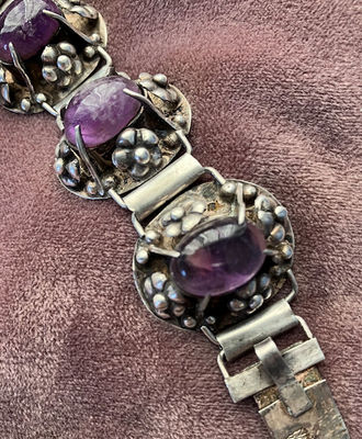 Seven Panel Sterling Floral Bracelet - 8 Amethyst Cabochons, Jewelry by Jose Anton
