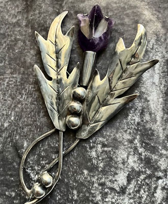 Large Lapel Pin, Sterling Silver & Carved Amethyst, Jewelry by  Taxco 