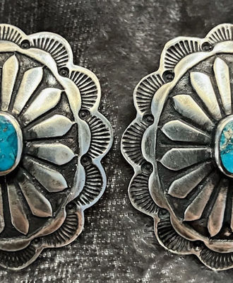 Hand-Stamped Sterling Silver Earrings with Turquoise Cabochons, Jewelry by  Navajo