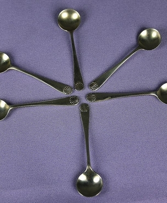 Six Sterling Silver English Salt Spoons with Shell Design, Metal by William Aitken
