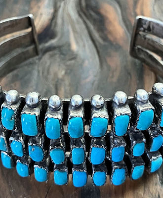 1930's 3 Row Ingot Silver Cuff with Fox Turquoise, Jewelry by  Zuni
