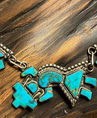 1930's Collar Necklace of Ingot Silver Graduated Rainbow Gods Blue Gem Turquoise Inlay, Jewelry by Lee Edaakie