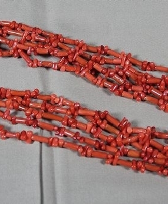 Five Strands of Natural Orange Red Coral, Jewelry by  Navajo