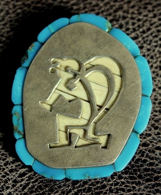 Kokopelli Cut-Out Pendant Framed in Bold Kingman Turquoise, Jewelry by   Hopi Jewelry