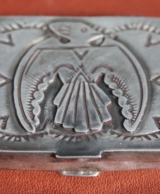 Thunderbird Overlay Silver Pill Box, Silver Flatware by  Navajo