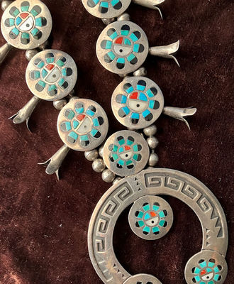 Sterling silver squash blossom necklace with multi-stone sunface inlay, Jewelry by Frank  Vacit