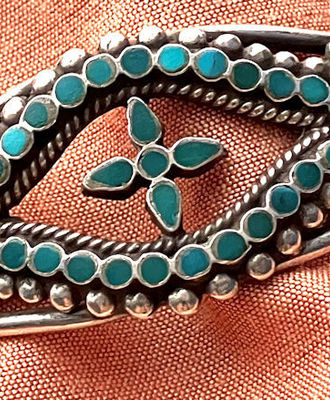 Delicious Openwork Cuff Ingot Sterling, Blue Gem Turquoise, Jewelry by Frank Dishta