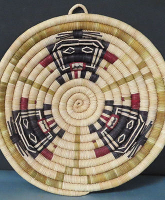 Coiled Basketry Plaque Featuring Left Hand Kachina Heads, Baskets by Irene Lomayaktewa