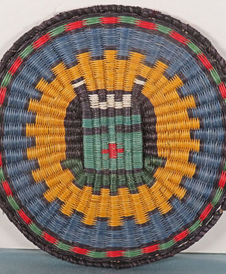 Vibrant 8 1/4" Basketry Plaque, Baskets by Tewa Hopi -