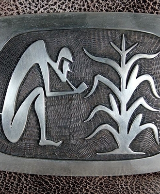 Kokopelli & Corn Stalk Buckle, Jewelry by Bernard  Dawahoya