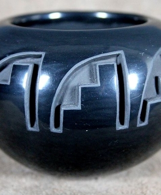 Outlined, Carved, Polished Blackware Jar with Stepped Designs, Pottery by Marie Suazo