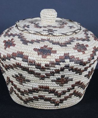 Polychrome Lidded Coiled Basketry Jar, Baskets by Lonita Cruz
