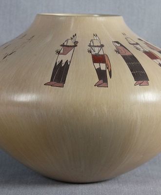 Ceremonial Yei Dancers' Procession on Graceful Tan Jar, Pottery by Ida Sahmie