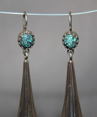 Silver Pendant Earrings with #8 Turquoise, Jewelry by Leo Yazzie
