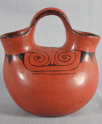 Double Spouted Black on Red Jar with Spiral Eyes, Pottery by Grace  Monahan