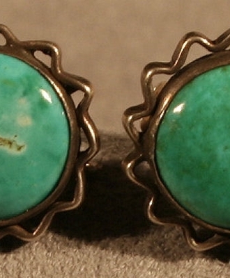 Scallop Framed Turquoise Cabochon Earrings, Jewelry by  Navajo