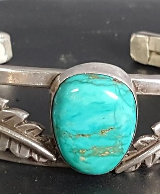 Fox Mine Turquoise Single Stone and Sterling Silver Cuff Bracelet, Jewelry by  Navajo