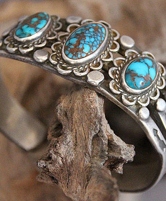 Silver Cuff Bracelet with 3 Natural Turquoise Oval Cabs, Jewelry by  Navajo