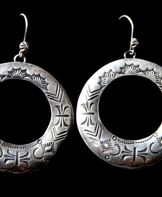 Stamped Dangling Hoop Earrings, Jewelry by  Navajo