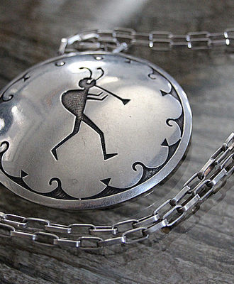 Kokopelli Pin/ Pendant on Hand-Made Chain, Jewelry by Wayne and Emory Sekaquaptewa
