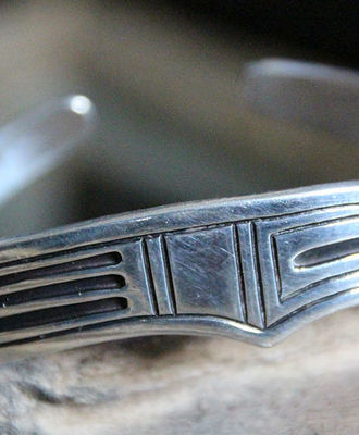 Sterling Curved Cuff with Cut and Stamped Geometric Overlay, Jewelry by Charlie  John