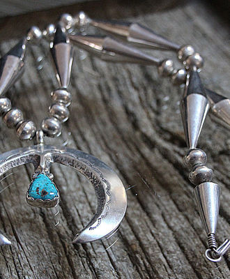 Sterling Silver Naja with One Turquoise on Large Bead Necklace, Jewelry by  Navajo