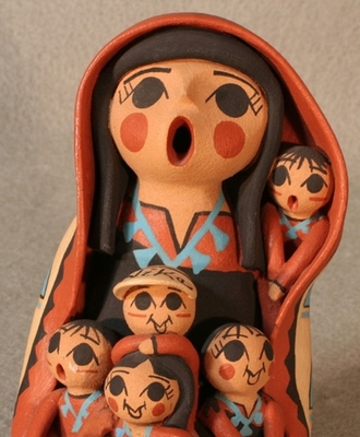 Storyteller with Five Children, One Wearing a Nike Cap, Pottery by Virginia Lucero