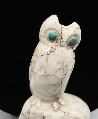 Tabletop Owl Fetish of Alabaster with Turquoise Eyes, Sculpture by Aaron & Thelma Sheche