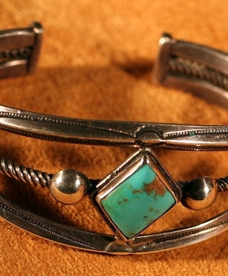 Cuff with Diamond-Shaped Royston Turquoise Centerpiece, Jewelry by  Navajo