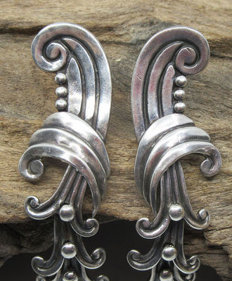 Sterling Articulated Aztec Water Pattern Earrings, Jewelry by Margot Van Voorhies Carr