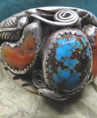 Sterling Floriform Ring Persian Turquoise & Coral, Jewelry by  Navajo