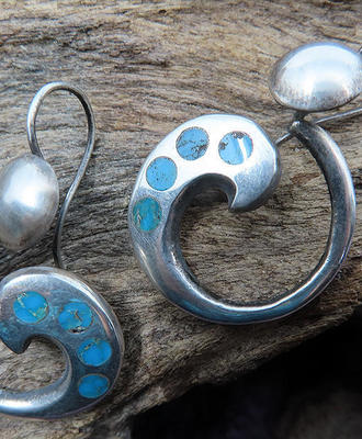 Sterling Spiral Pendant Earrings Inlaid with Bisbee Rouge Turquoise, Jewelry by  Navajo